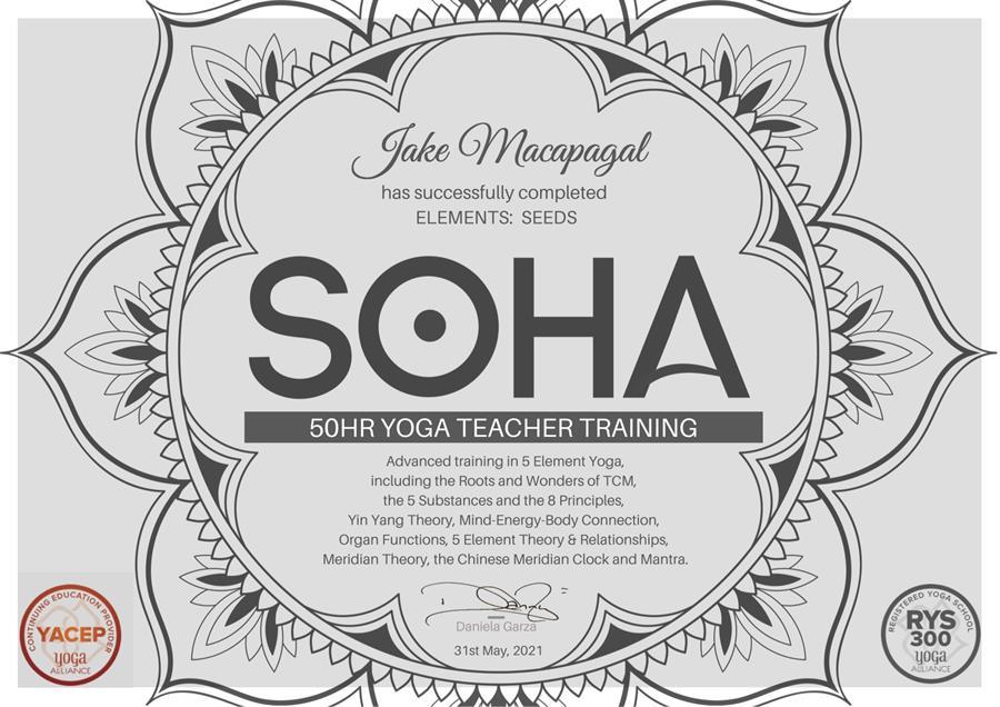 Jake Macapagal - 50HR Seeds Yoga Teacher Training Certificate